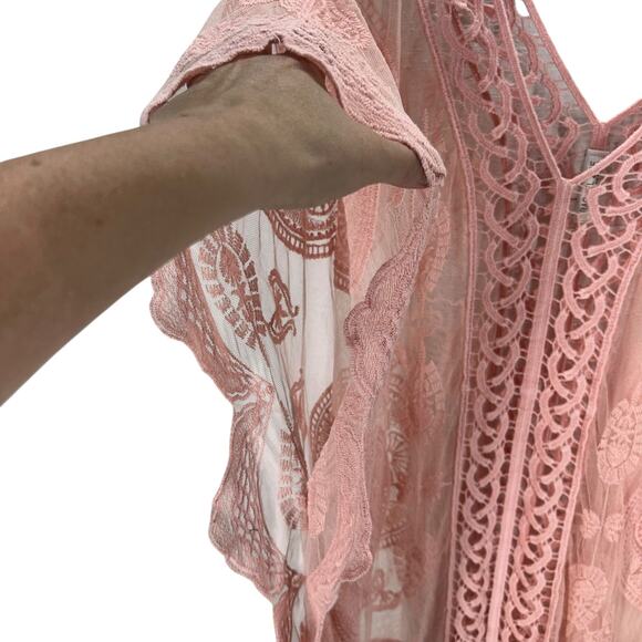 Rachel Zoe Blush Embroidered‎ Sheer Boho Kaftan Cover-Up OS - Picture 3 of 7